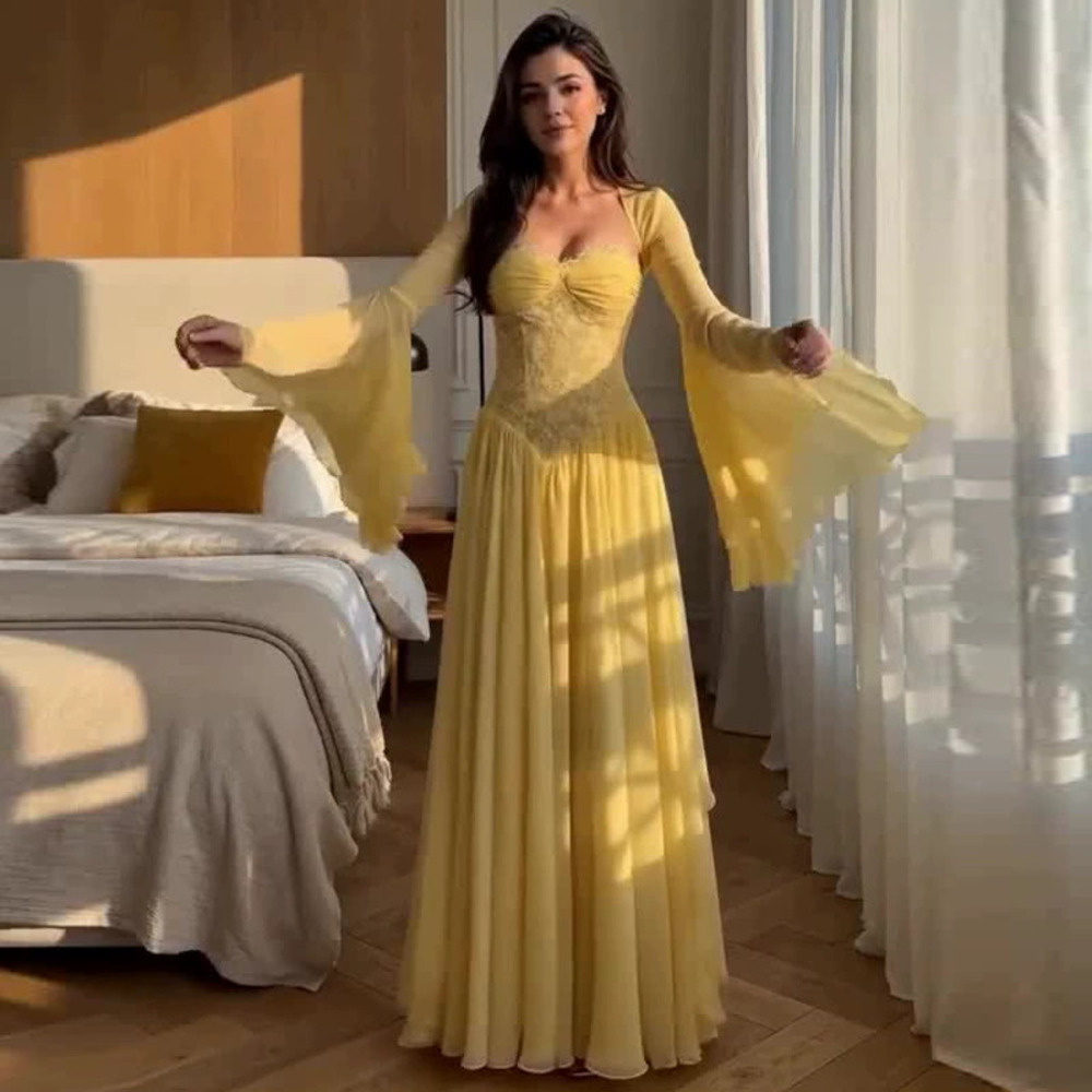 Forever 21 Fall Square Neck Fitted Yellow Flared Sleeve Backless Maxi Dress